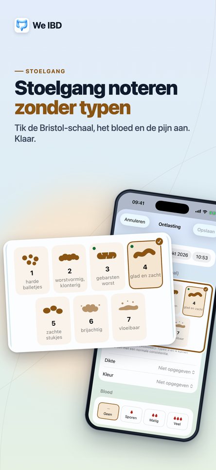 Stoelgang noteren zonder typen. Tik de Bristol-schaal, het bloed en de pijn aan. Klaar.