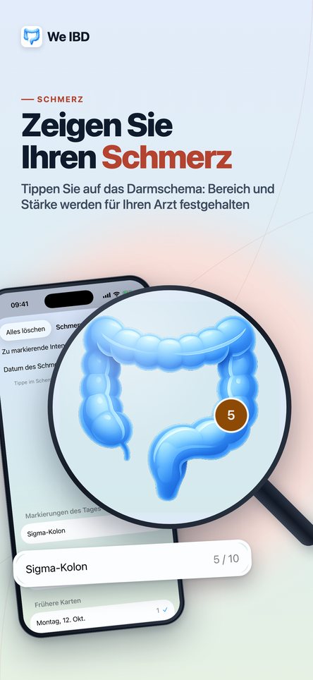 Zeigen Sie Ihren Schmerz. Tippen Sie auf das Darmschema: Bereich und Stärke werden für Ihren Arzt festgehalten.