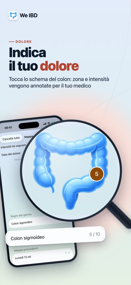 Indicate il vostro dolore. Toccate lo schema del colon: zona e intensità vengono annotate per il vostro medico.